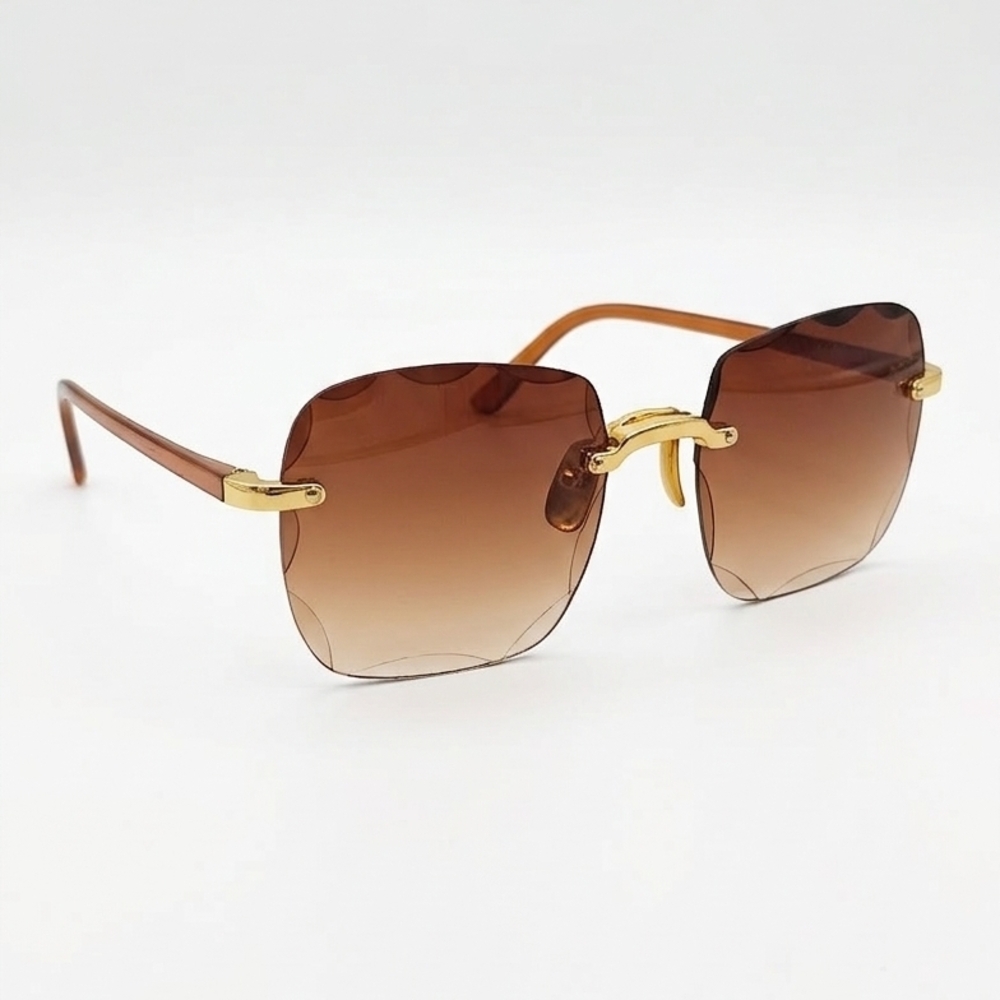 Diamond Cut Rimless Sunglasses | Y2K Brown Gradient Beveled Lenses | NEW